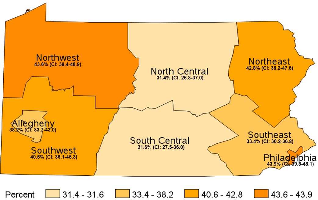 Average 6 or Fewer Hours of Sleep in a 24-Hour Period, Pennsylvania Health Districts, 2018